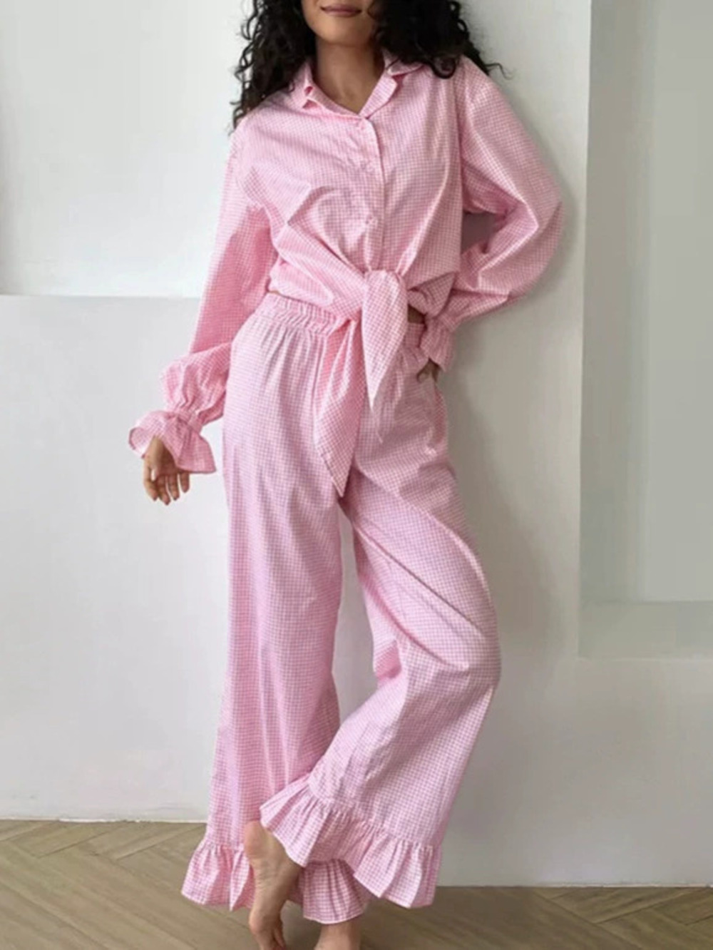 Zara Pink Plaid Loungewear Set with Ruffled Flare Sleeve Blouse and Pants
